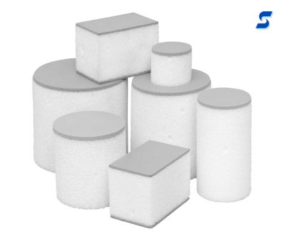Rectangular and cyllindrical port plugs with gray HT-820 on both sides of white MF-1 foam