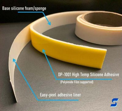 Gasket tape with DP-1001 adhesive liner peeled back showing liner, adhesive, foam layer 