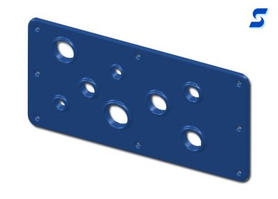 Rendering of blue solid silicone gland plate connector gasket with raised lips on cable holes 