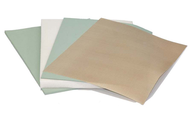 Swatches of R10400 green sponge, white BF-1000 foam, and beige PTFE film 