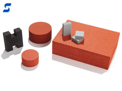 Developed thickness sponge and foam laminations in gray and red 